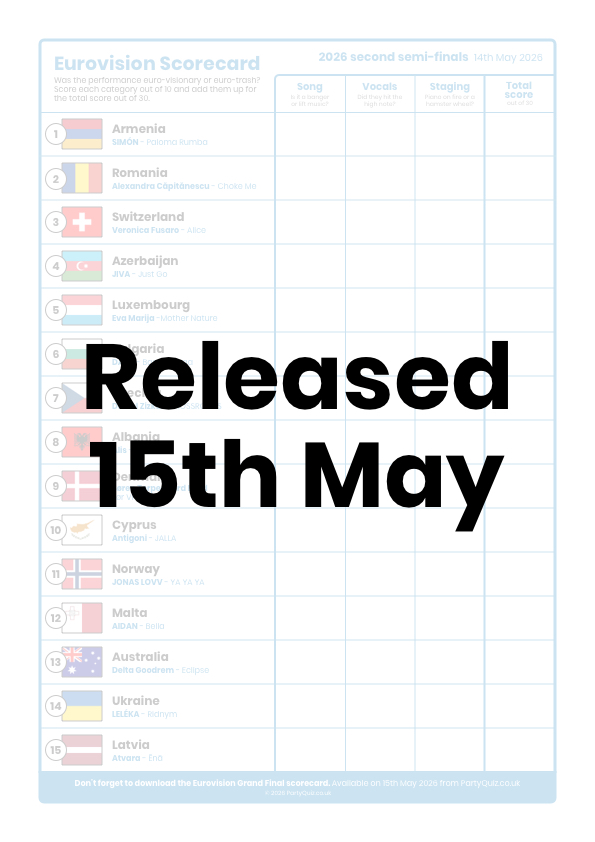 Free 2026 Eurovision Grand Final Scorecard