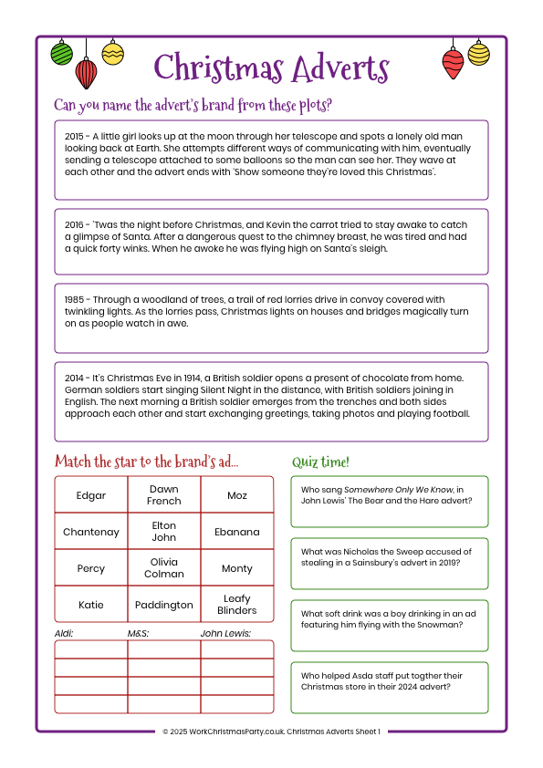 Christmas adverts quiz for work Christmas party