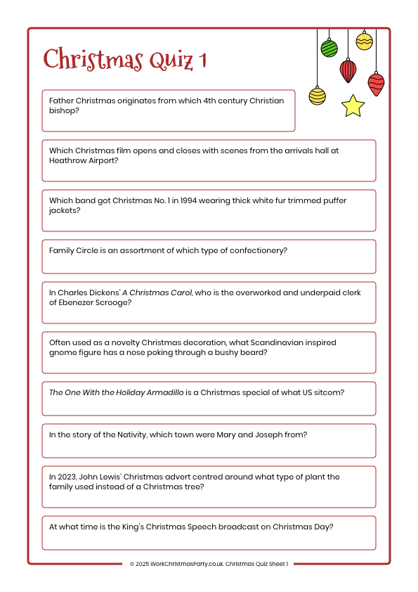 Christmas quiz sheet 1 for work Christmas party