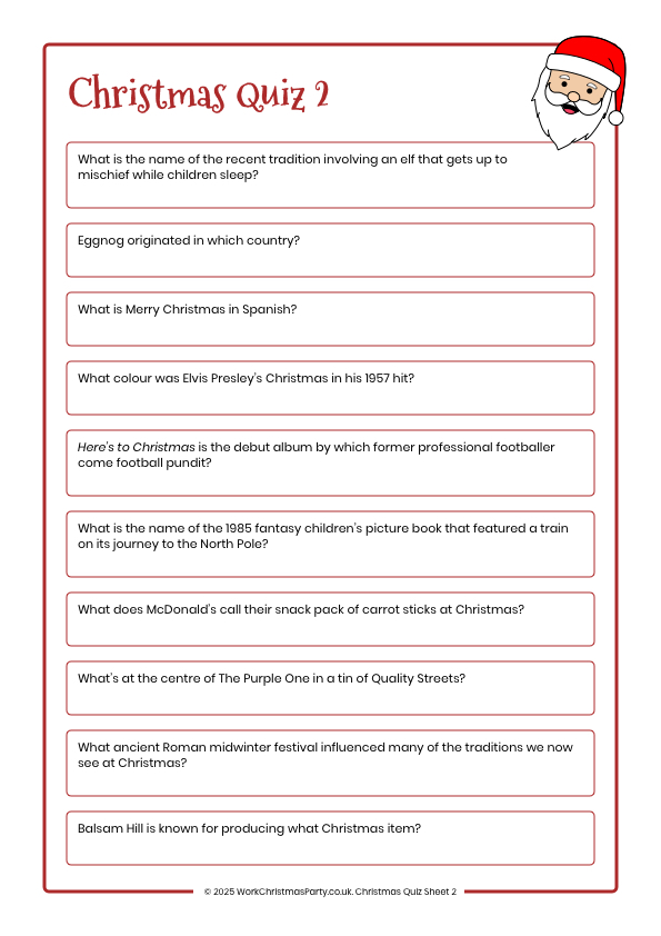 Christmas quiz sheet 2 for work Christmas party