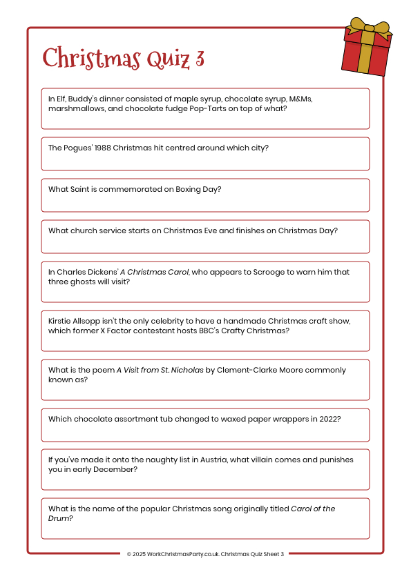 Christmas quiz sheet 3 for work Christmas party