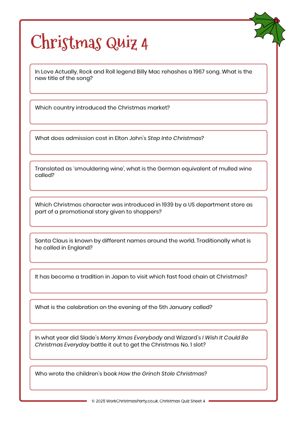 Christmas quiz sheet 4 for work Christmas party