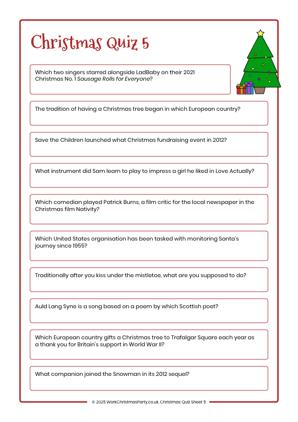 Christmas quiz sheet 5 for work Christmas party