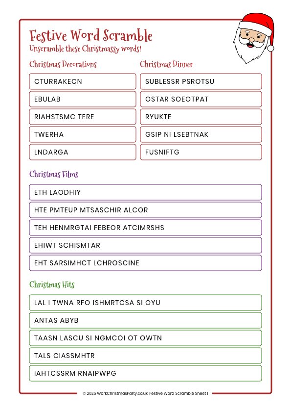 Christmas word scramble for work Christmas party