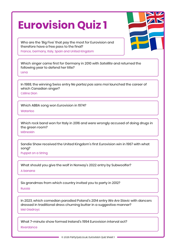 Eurovision 2026 Trivia Quiz Sheet 2