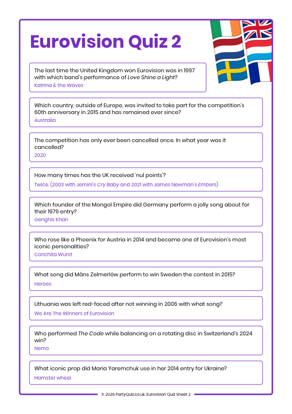 Eurovision 2026 Trivia Quiz Sheet 1