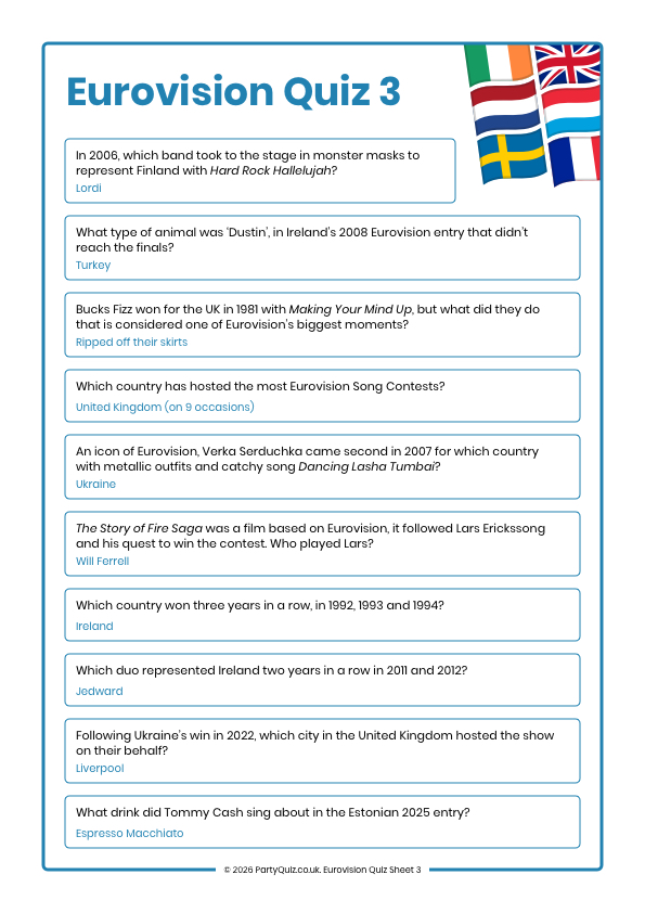 Eurovision 2026 Trivia Quiz Sheet 3